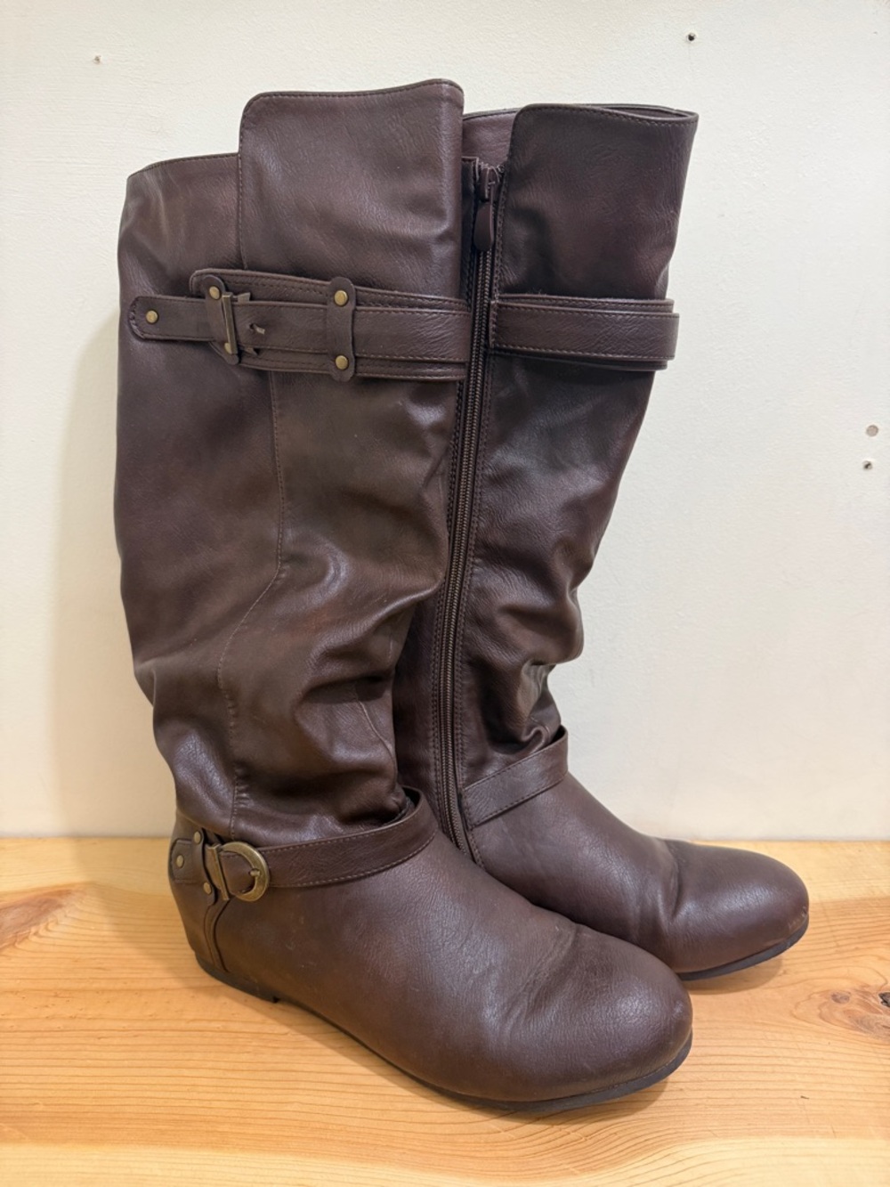 Women's Brown Tall Slouch Boot with Buckle Detail